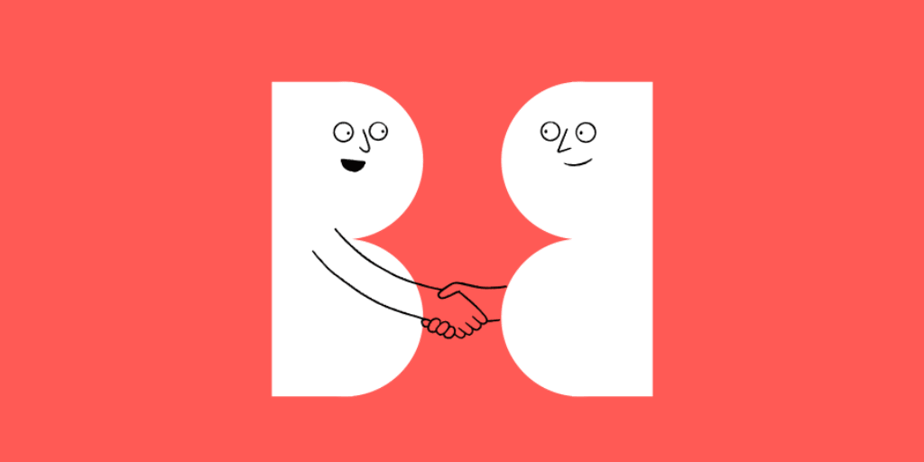 Illustration B2B-Shopplattform: Der Buchstabe B verkörpert jeweils eine Person, von denen es zwei gibt, die sich die Hand geben.