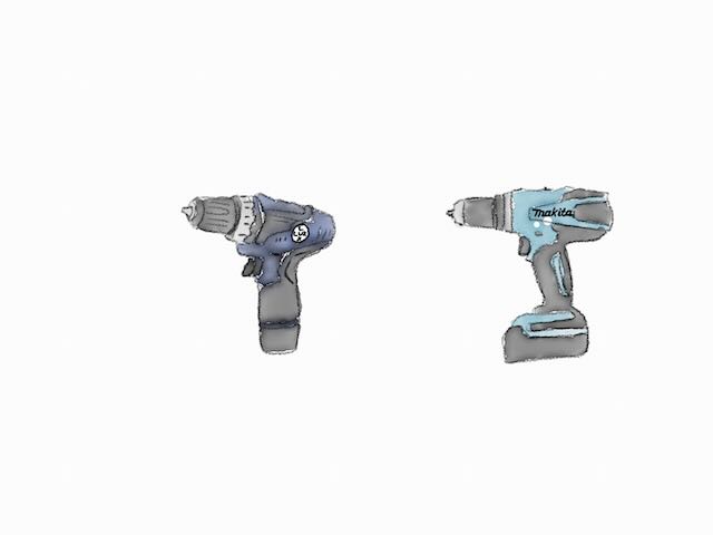 ein gezeichnetes Bild zweier Akkuschrauber, um einen Vergleich der beiden Produkte zu symbolisieren