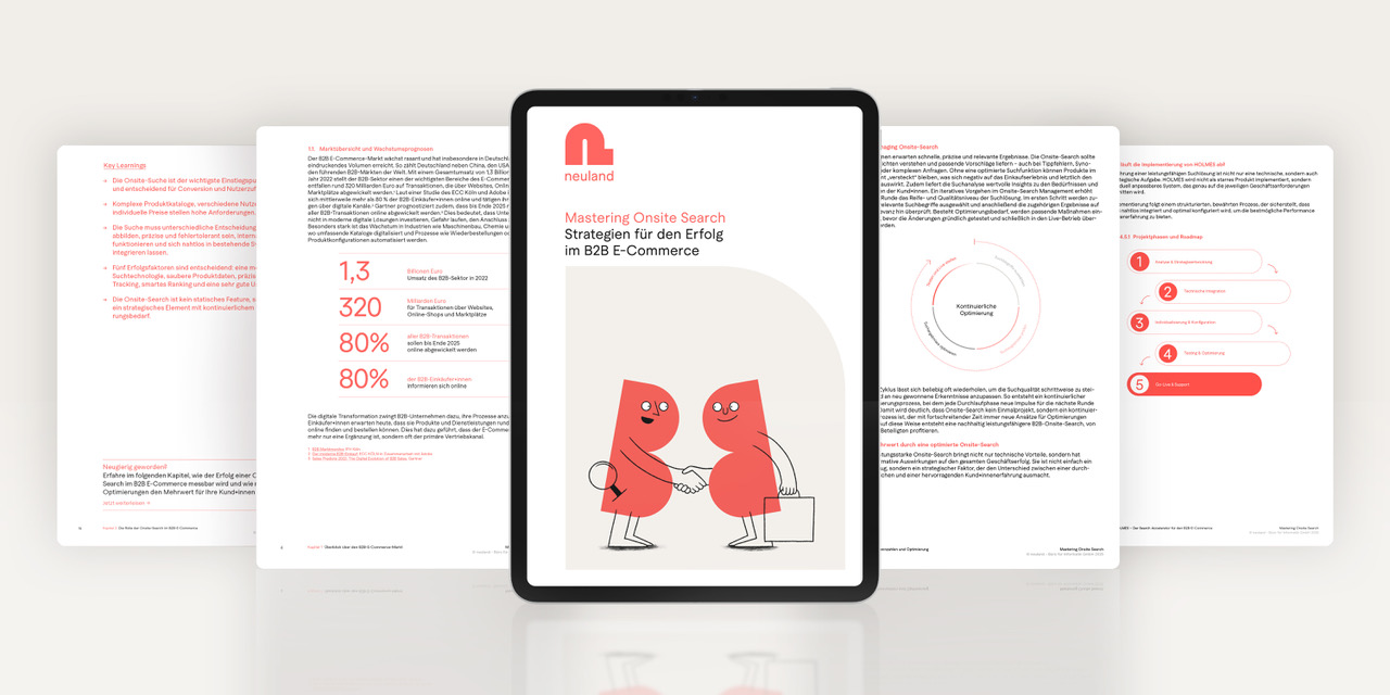 Mockup mit Einblicken ins Whitepaper "Mastering Onsite Search"